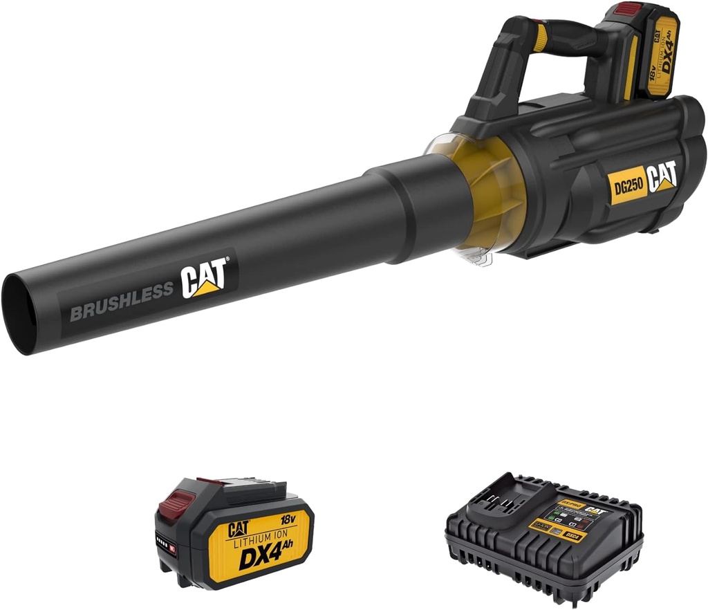 Caterpillar Cat DG250 18V Brushless 450 CFM 100 MPH Leaf Blower Cordless with Battery and Charger, 2-Speed Blowers for Lawn Care, Lightweight Cordless Leaf Blower – Battery & Charger Included